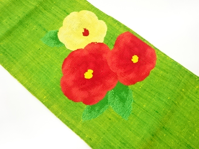 手織り真綿紬椿模様織出し名古屋帯